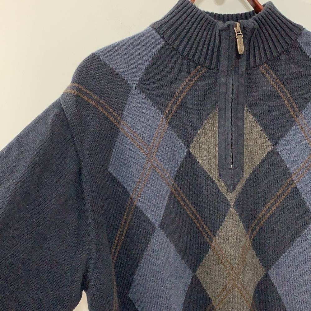 Alex Cannon 1/4 Zip Black Blue Tan Diamond Argyle Knit Pullover Cotton Sweater M - Picture 6 of 17